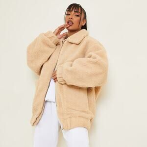 PrettyLittleThing Camel Oversized Borg Pocket Front Coat size 10